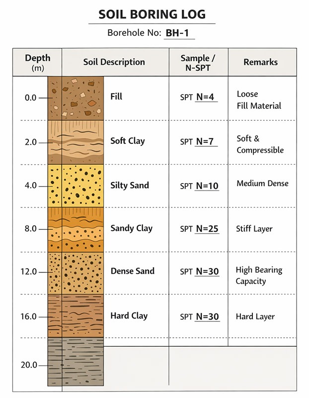 Contoh log profil lapisan tanah dalam Soil Investigation Report lengkap dengan kedalaman dan jenis tanah